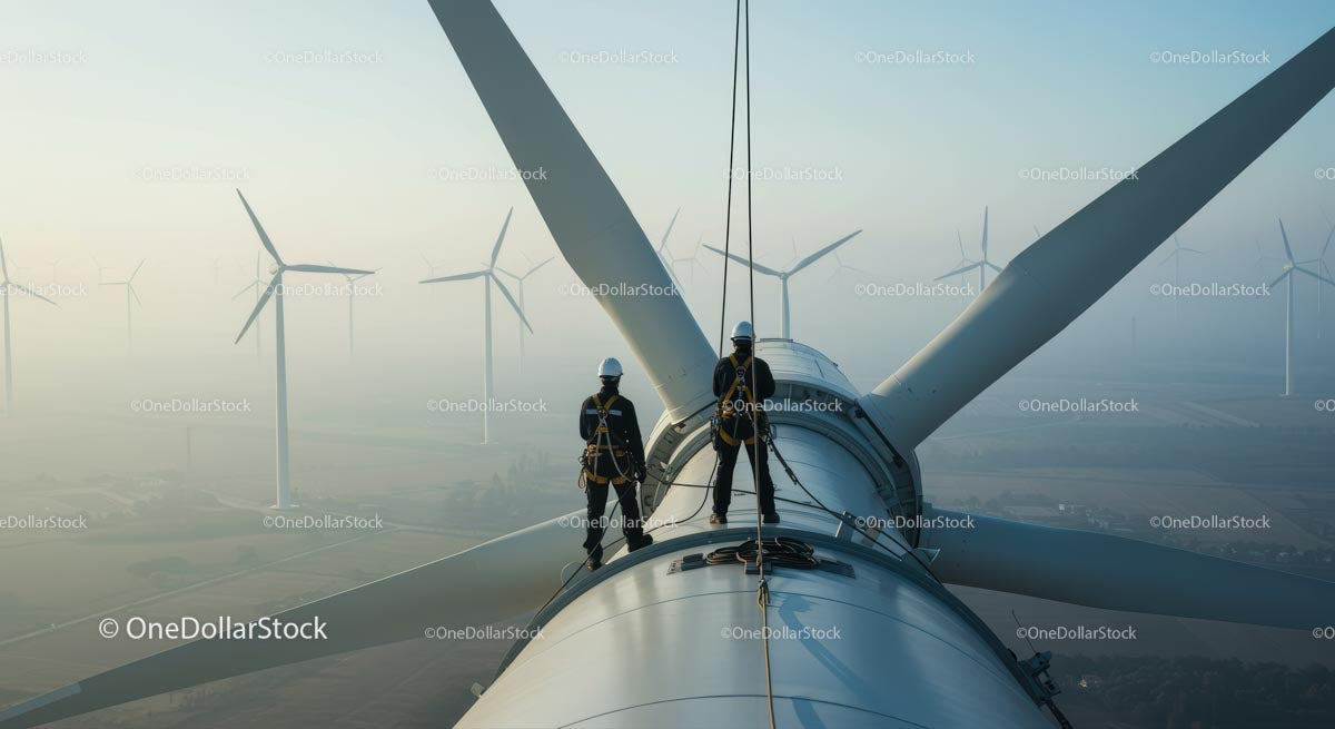 Technicians Maintaining Wind Turbine at Sunrise