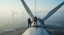 Technicians Maintaining Wind Turbine at Sunrise