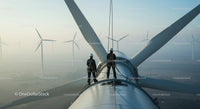 Technicians Maintaining Wind Turbine at Sunrise
