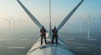 Technicians Maintaining Wind Turbine on a Foggy Morning