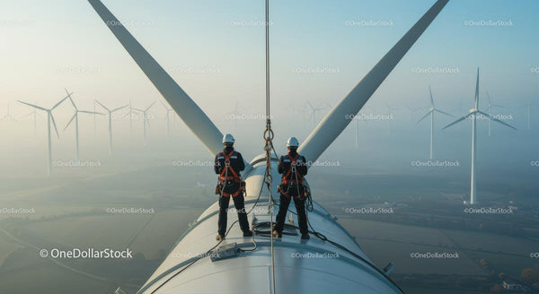 Technicy utrzymujący turbinę wiatrową w mglisty poranek