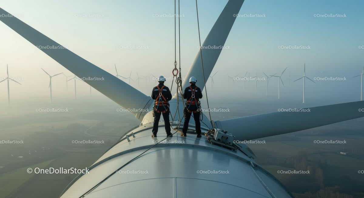 Technicians Working on Wind Turbine at Sunrise