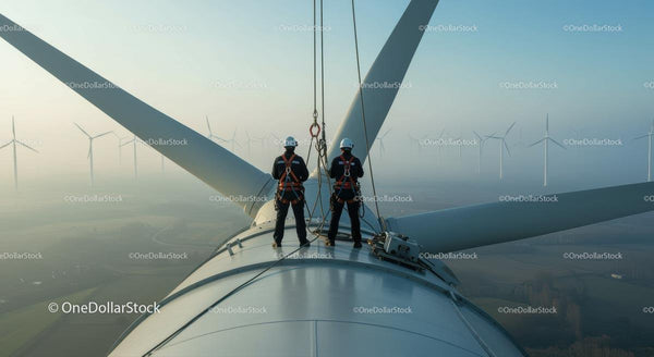 Technicy pracujący przy turbinie wiatrowej o wschodzie słońca
