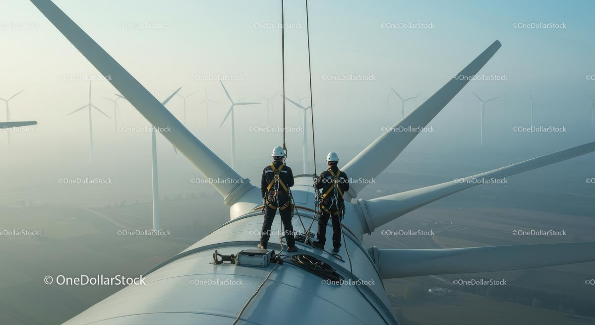 Technicians Maintaining a Wind Turbine at High Altitude
