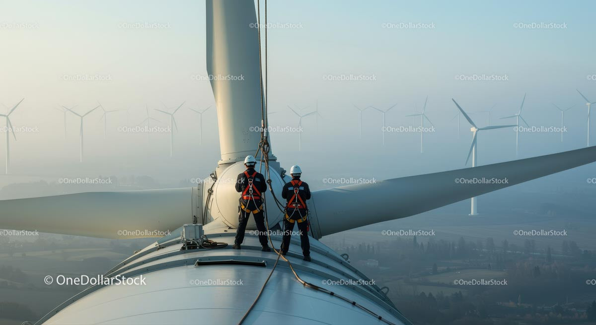 Engineers Inspecting Wind Turbine on Renewable Energy Farm