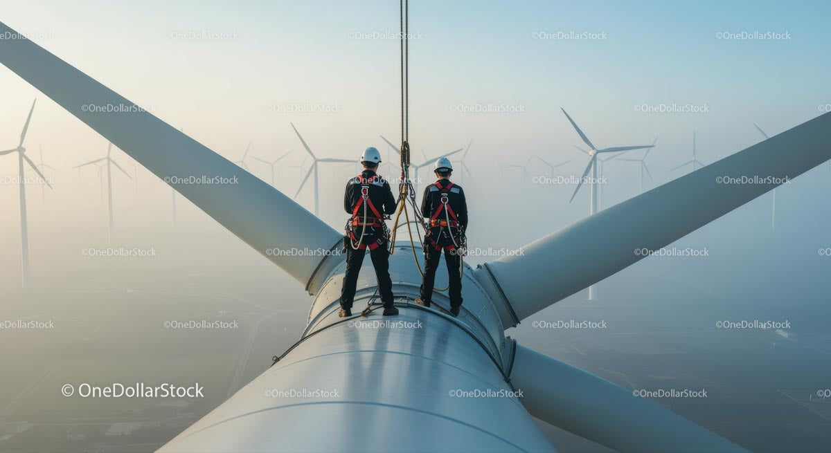 Maintenance Workers on Wind Turbine at Foggy Wind Farm
