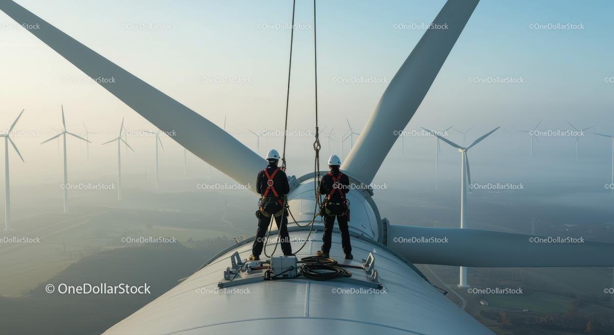Engineers Performing Maintenance on Wind Turbine Platform