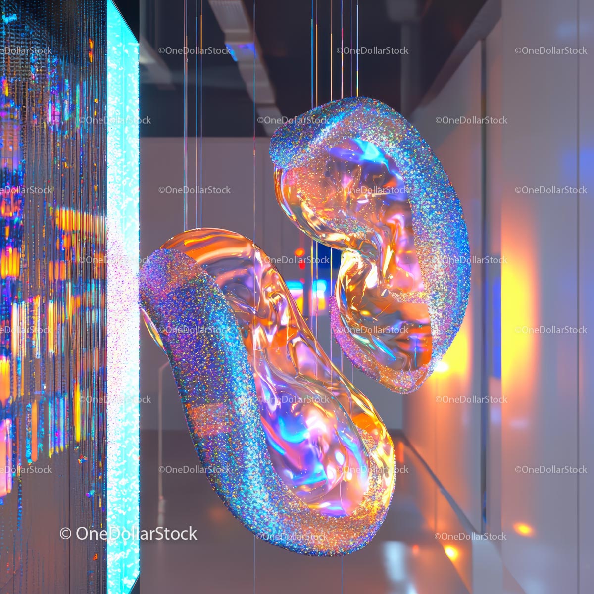 Holograficzna abstrakcyjna rzeźba z połyskującym neonowym blaskiem