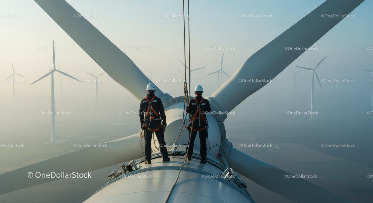 Engineers Inspecting Wind Turbine at Sunrise