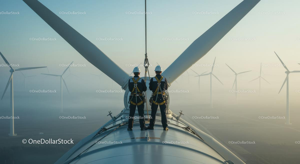 Engineers on Wind Turbine Overlooking Misty Wind Farm