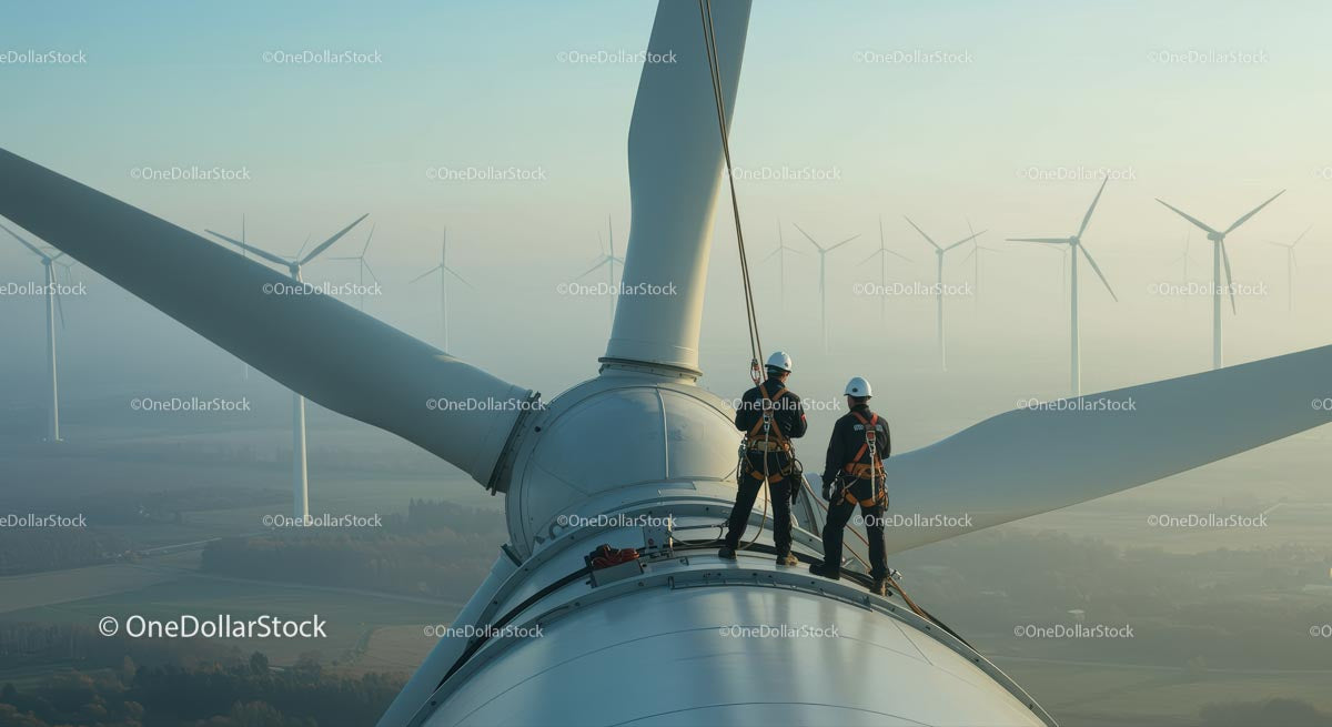 Engineers Maintain Wind Turbine at Sunrise