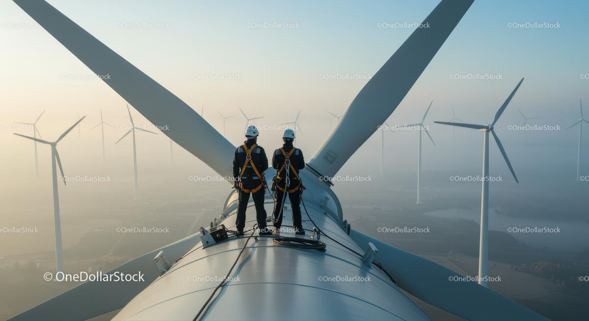 Inżynierowie dokonują inspekcji turbiny wiatrowej o wschodzie słońca