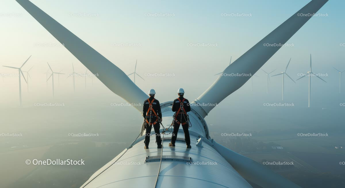 Engineers Inspecting Wind Turbine at Sunrise