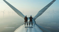 Engineers Inspecting Wind Turbine at Sunrise