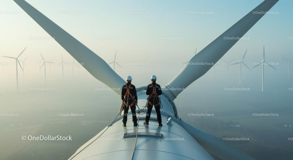 Engineers Inspecting Wind Turbine at Sunrise