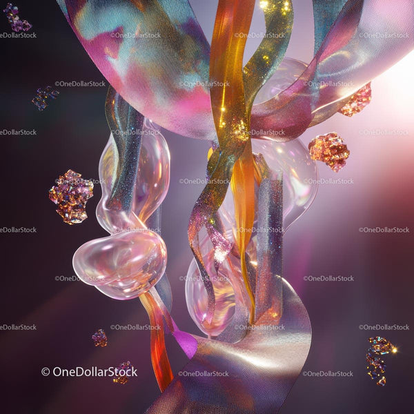 Vibrant Abstract Ribbons and Iridescent Spheres in Motion