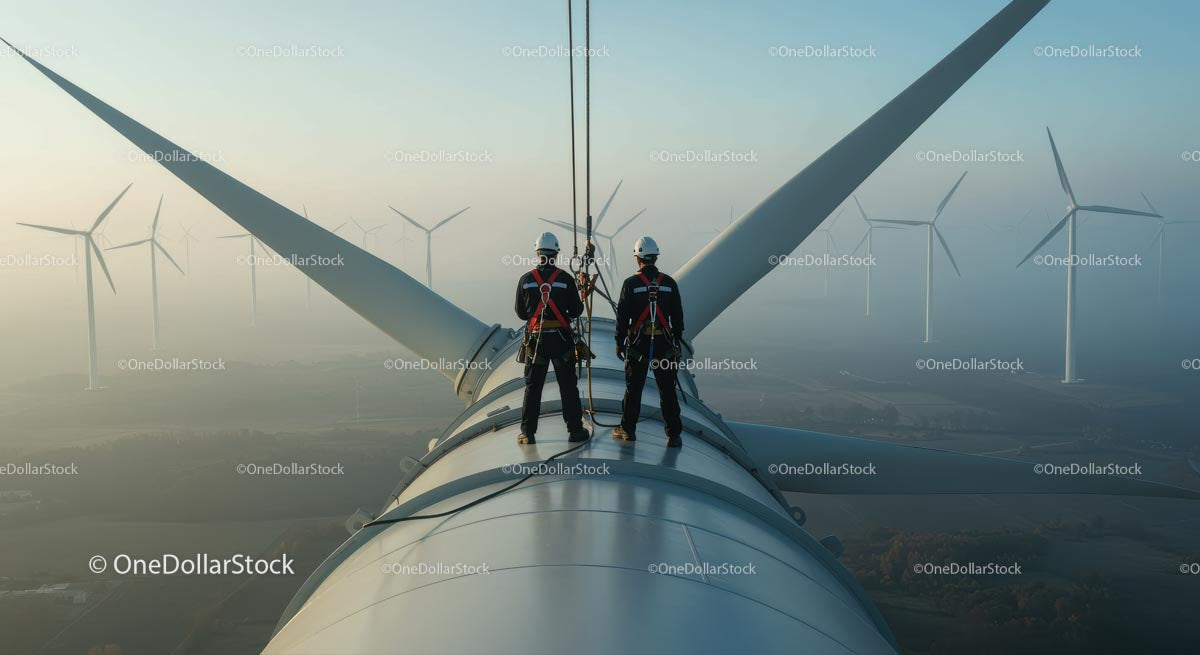 Engineers Inspecting Wind Turbine at Sunrise