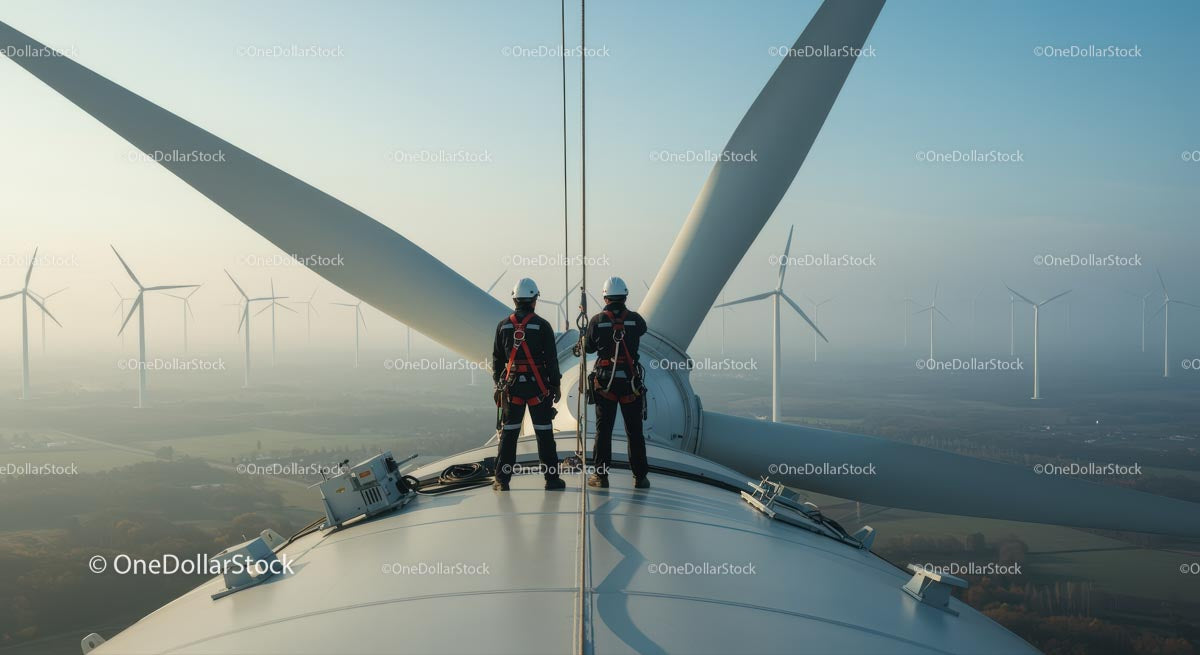 Engineers Inspecting Wind Turbine on a Bright Morning