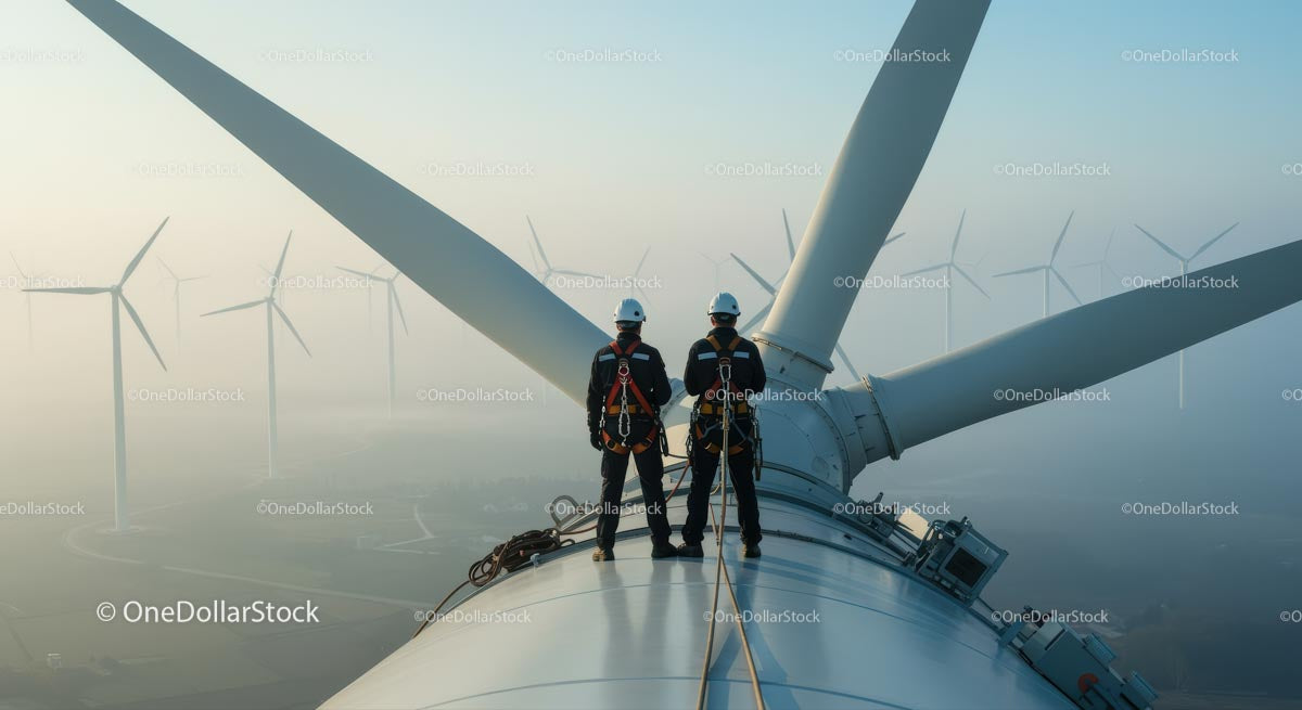 Technicians Maintaining Wind Turbine at Wind Farm