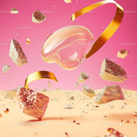 Floating Gold Ribbons and Shiny Stones on Pink Background