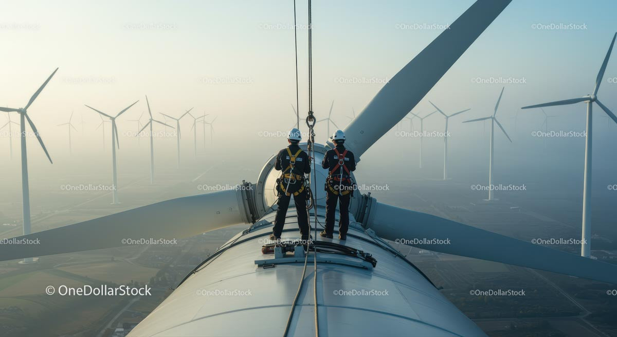 Technicians Maintaining Wind Turbine at Wind Farm