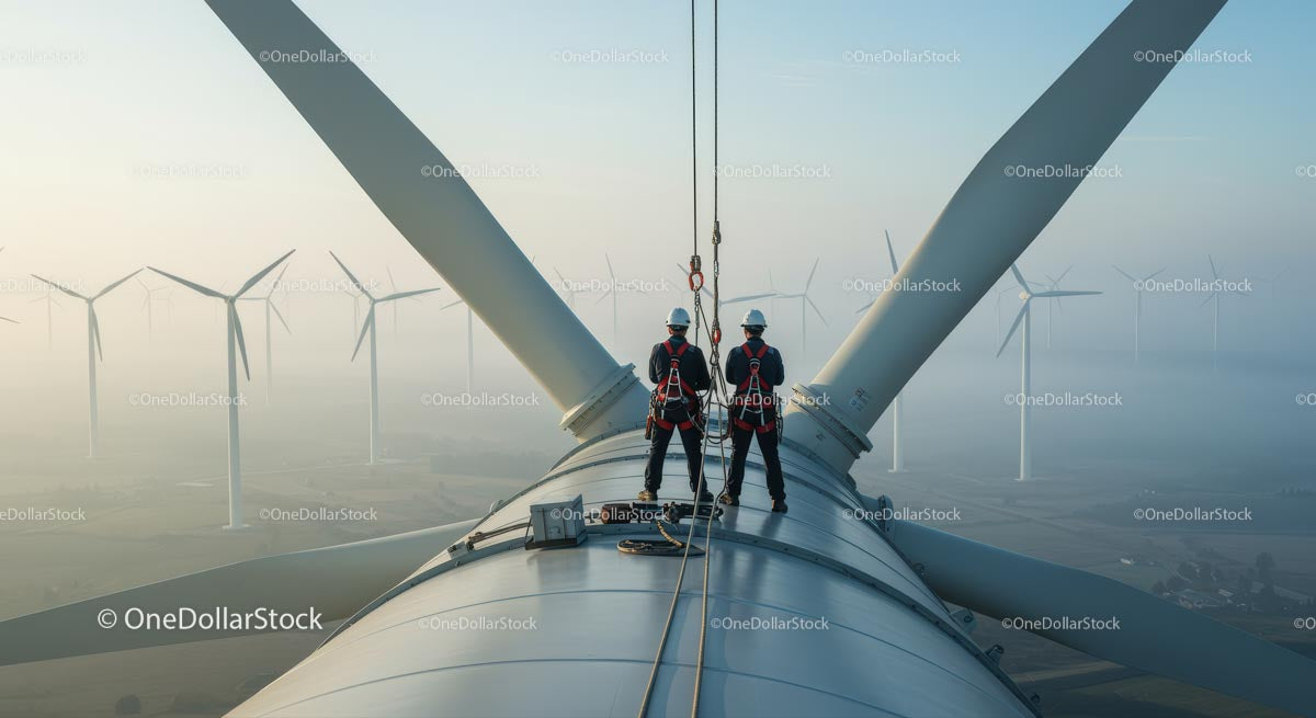 Workers Performing Maintenance on Massive Wind Turbine