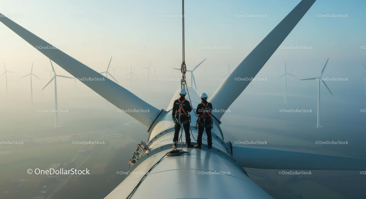 Technicians Maintaining Wind Turbine at Wind Farm