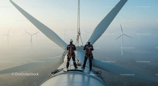 Engineers Inspecting Wind Turbine Amidst Misty Wind Farm