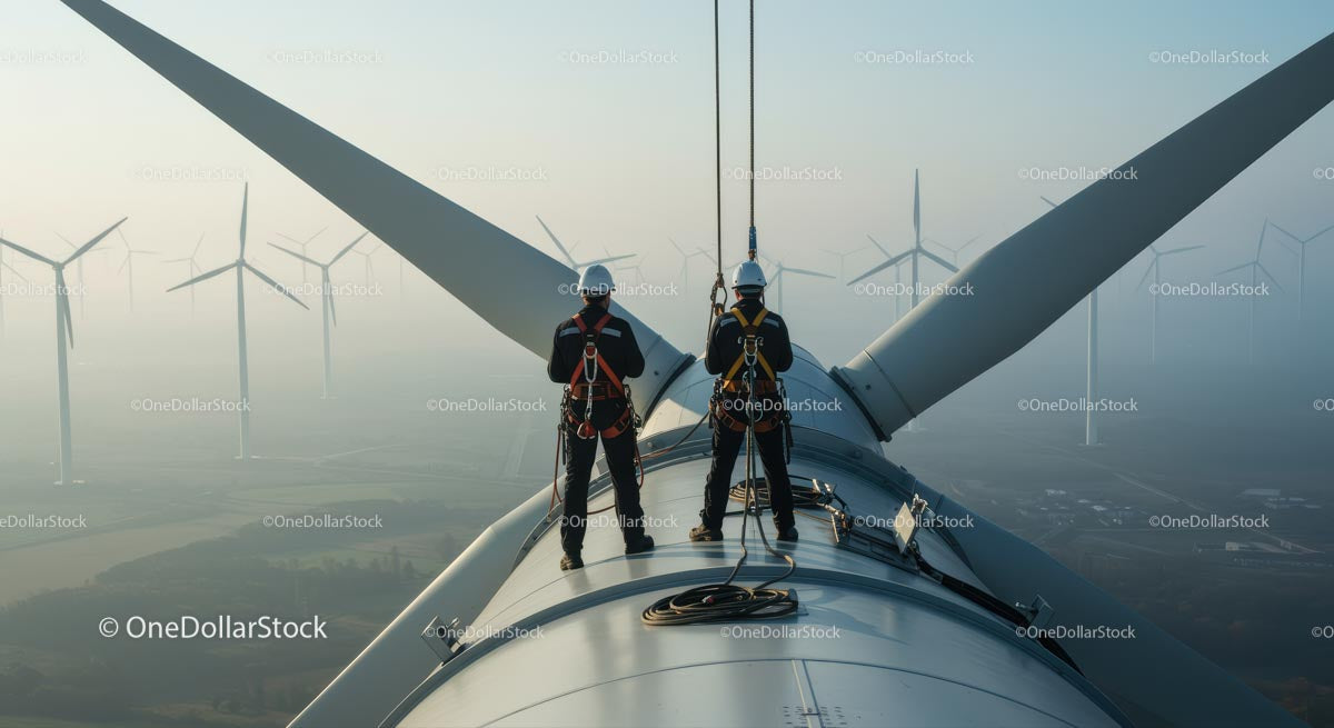 Engineers Inspecting Wind Turbine in Renewable Energy Farm