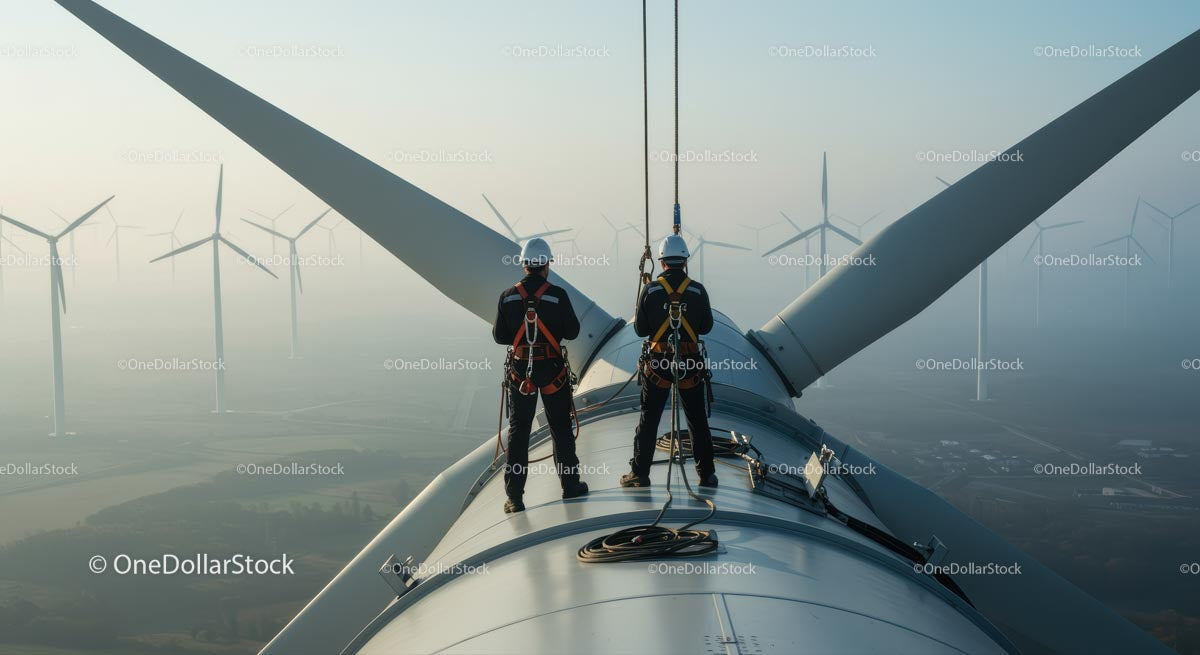 Technicians Maintaining Wind Turbine at Wind Farm