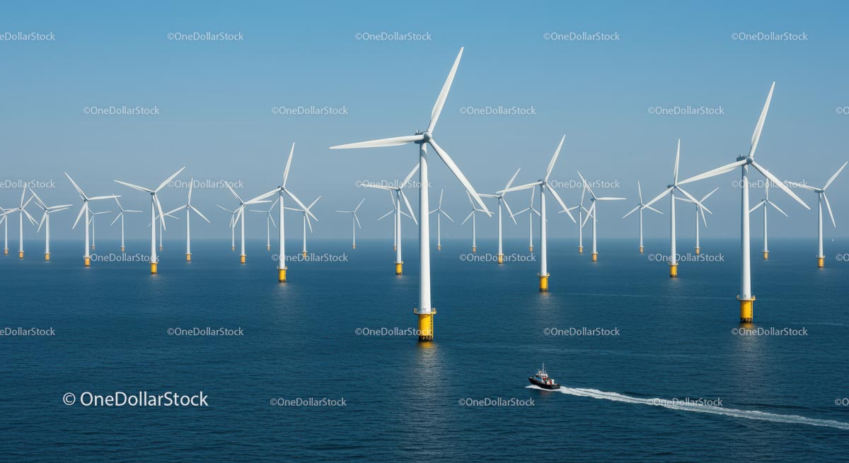 Offshore Wind Farm with Turbines and Boat on Ocean