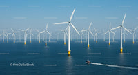 Offshore Wind Farm with Turbines and Boat on Ocean