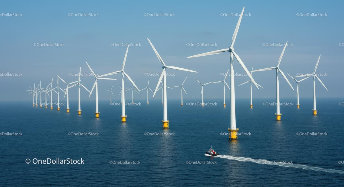 Offshore Wind Farm with Turbines in Blue Ocean Waters
