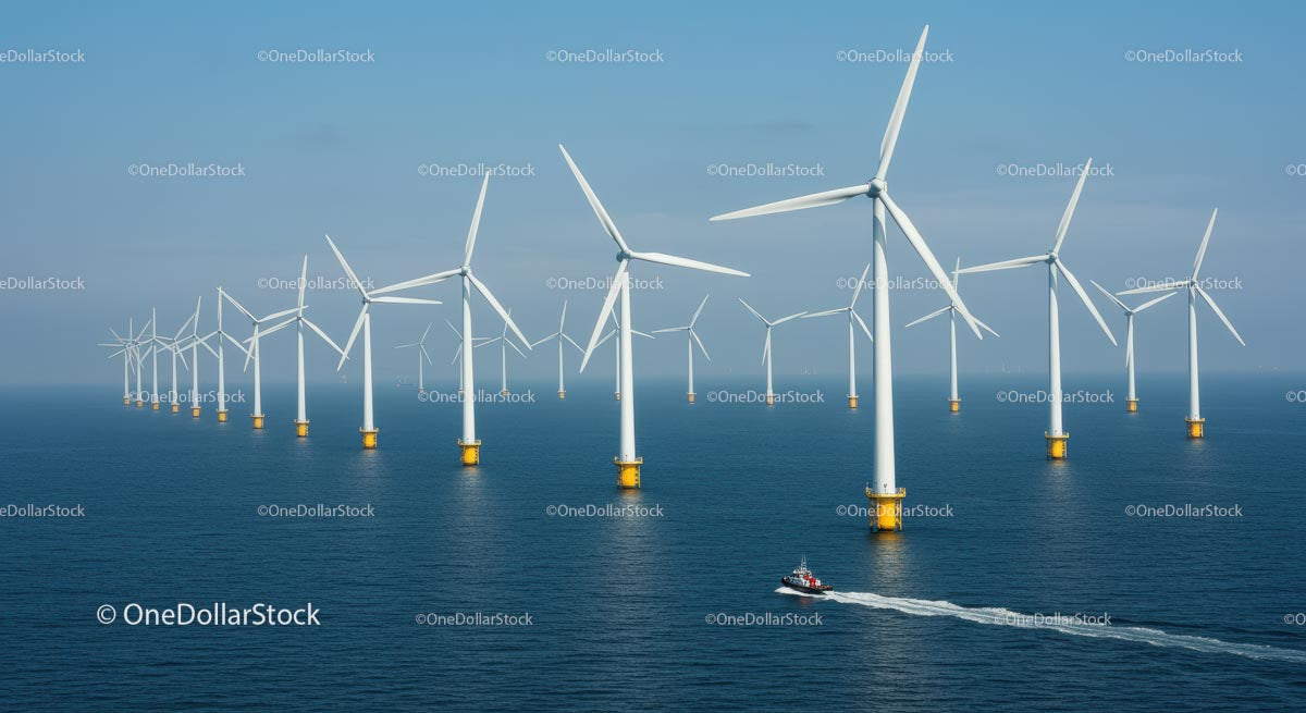 Offshore Wind Farm with Multiple Turbines in Ocean
