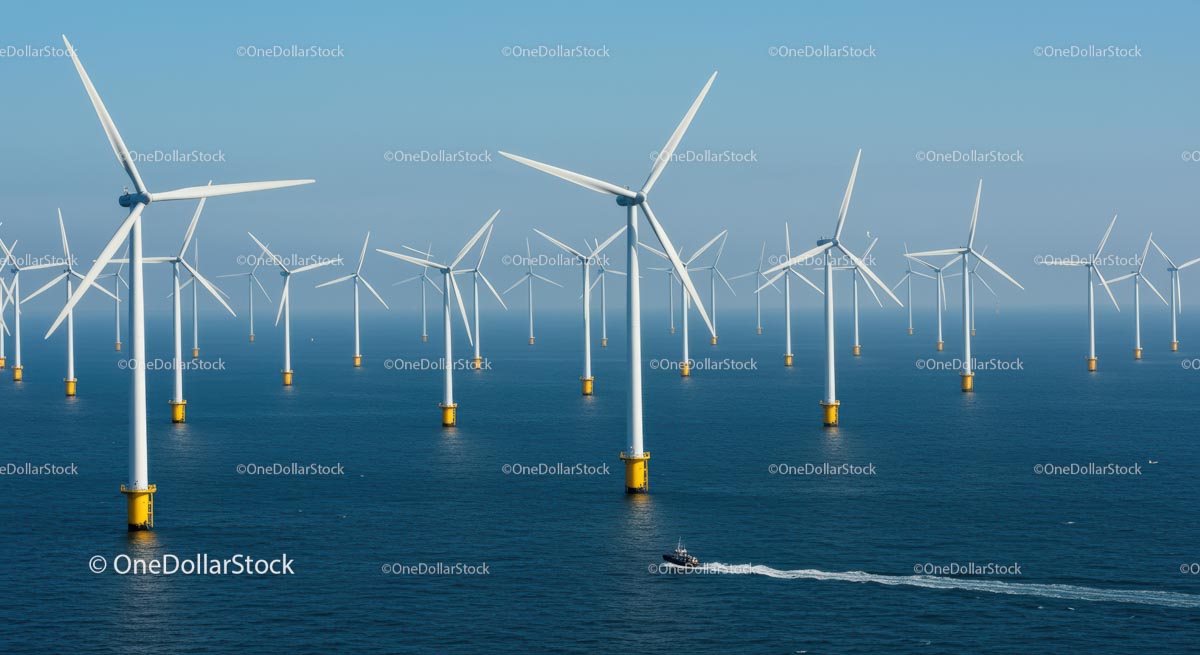 Offshore Wind Farm with Turbines on Ocean Horizon