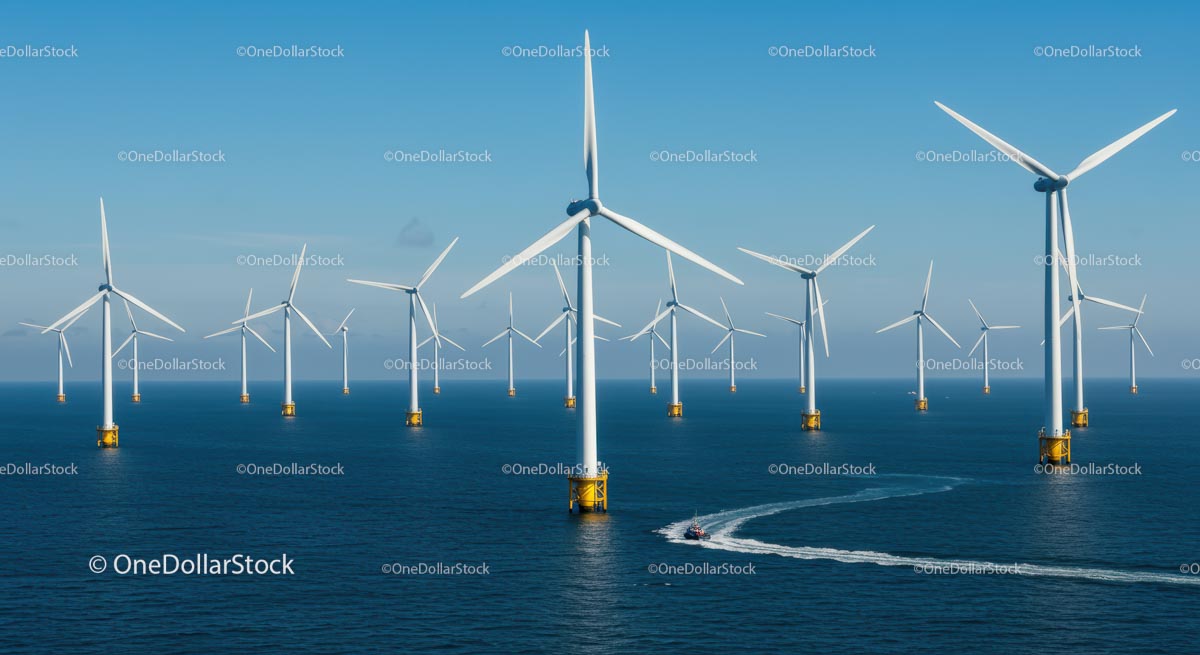 Offshore Wind Farm with Multiple Turbines in Ocean