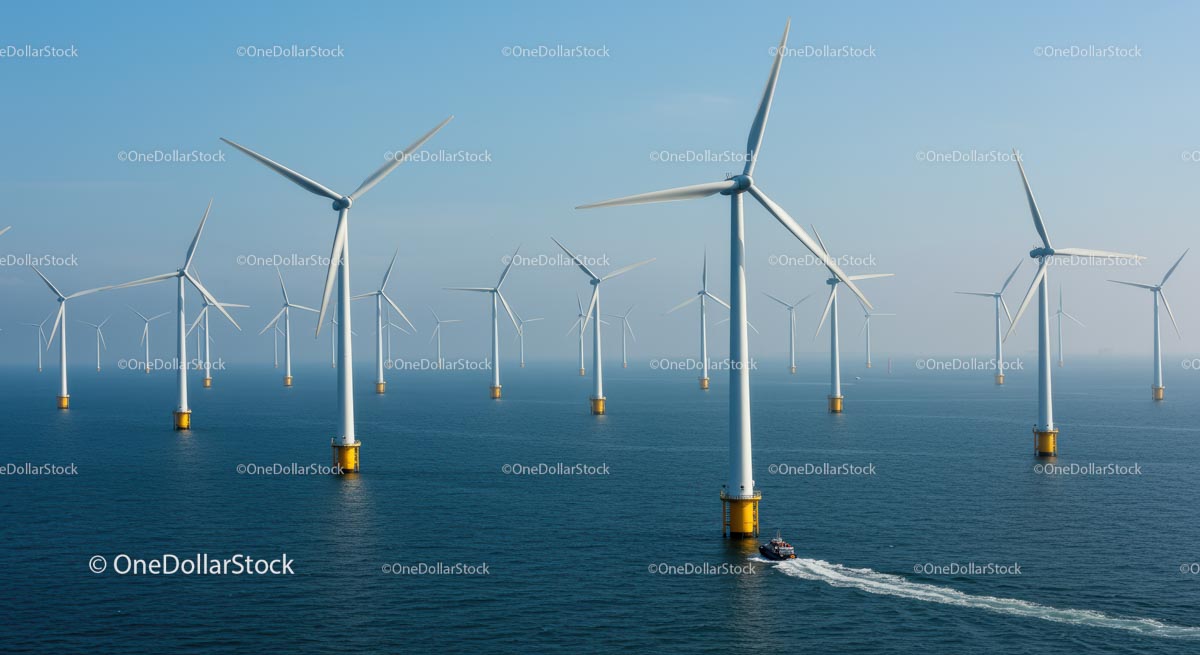 Offshore Wind Farm with Multiple Turbines in Ocean