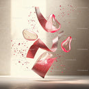 Floating Red Ribbons and Translucent Shapes on Textured Background