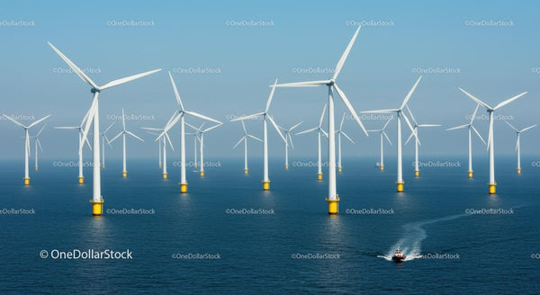 Morskie turbiny wiatrowe z łodzią na tle błękitnego horyzontu oceanu
