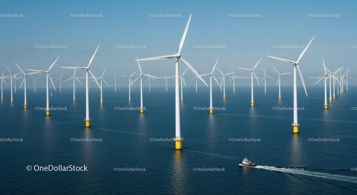 Offshore Wind Farm with Multiple Turbines in Ocean