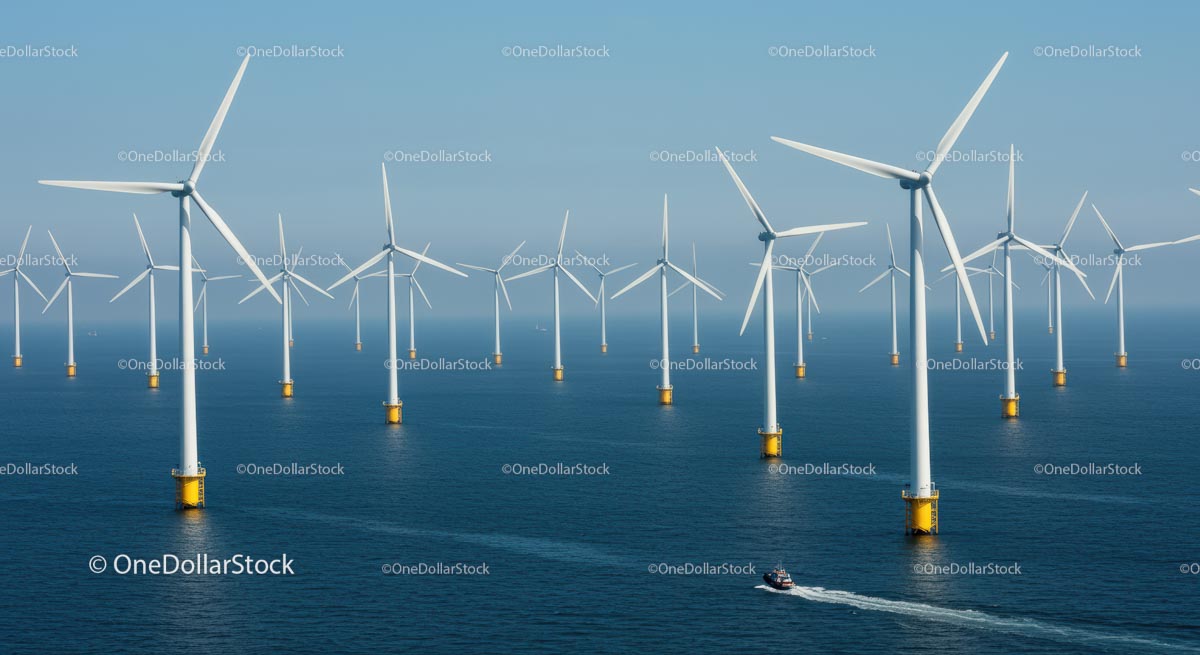 Offshore Wind Farm with Multiple Turbines in Ocean
