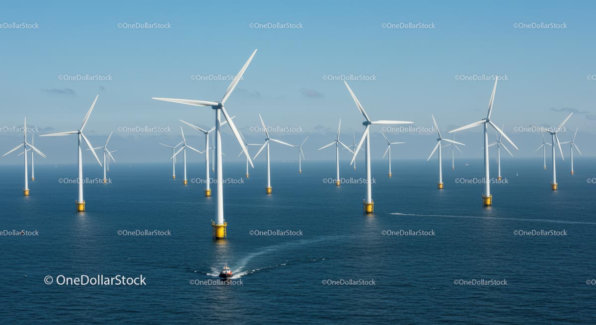 Offshore Wind Farm with Multiple Turbines in Ocean