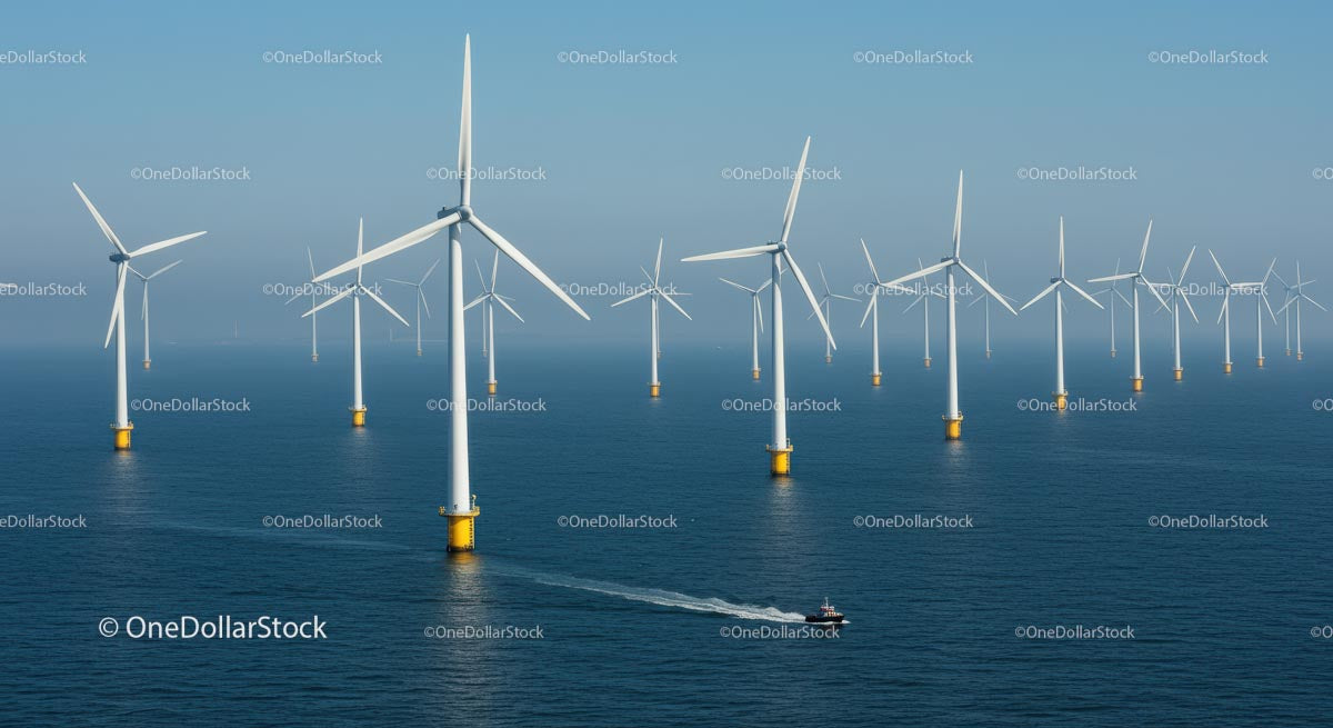 Offshore Wind Farm with Turbines in Blue Ocean
