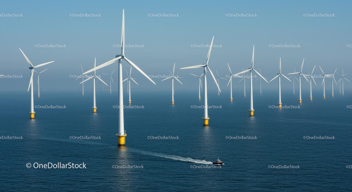 Offshore Wind Farm with Multiple Turbines in Ocean