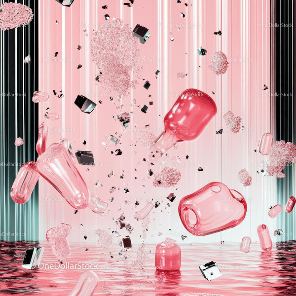 Pink and Glass Abstract Art Installation with Floating Fragments