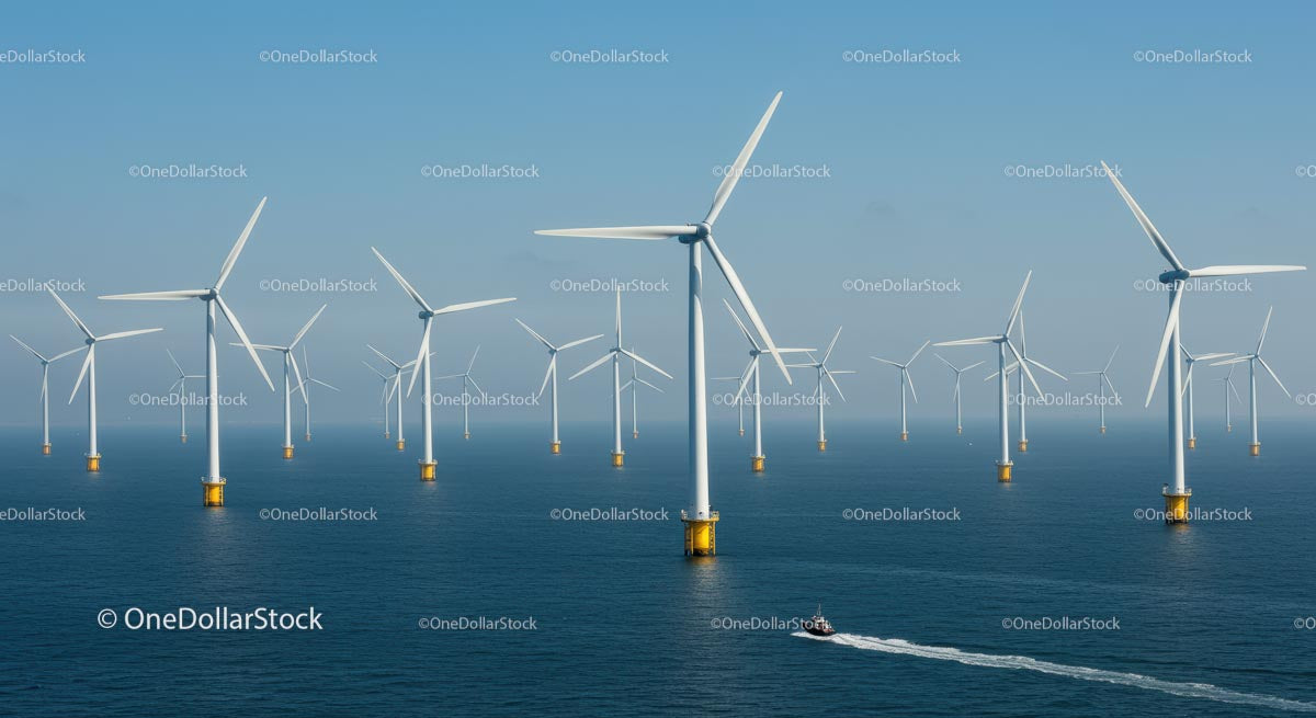 Offshore Wind Farm with Turbines on a Clear Blue Ocean