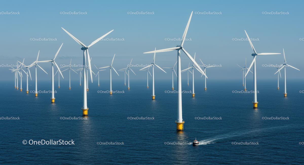 Offshore Wind Farm with Multiple Turbines in Ocean