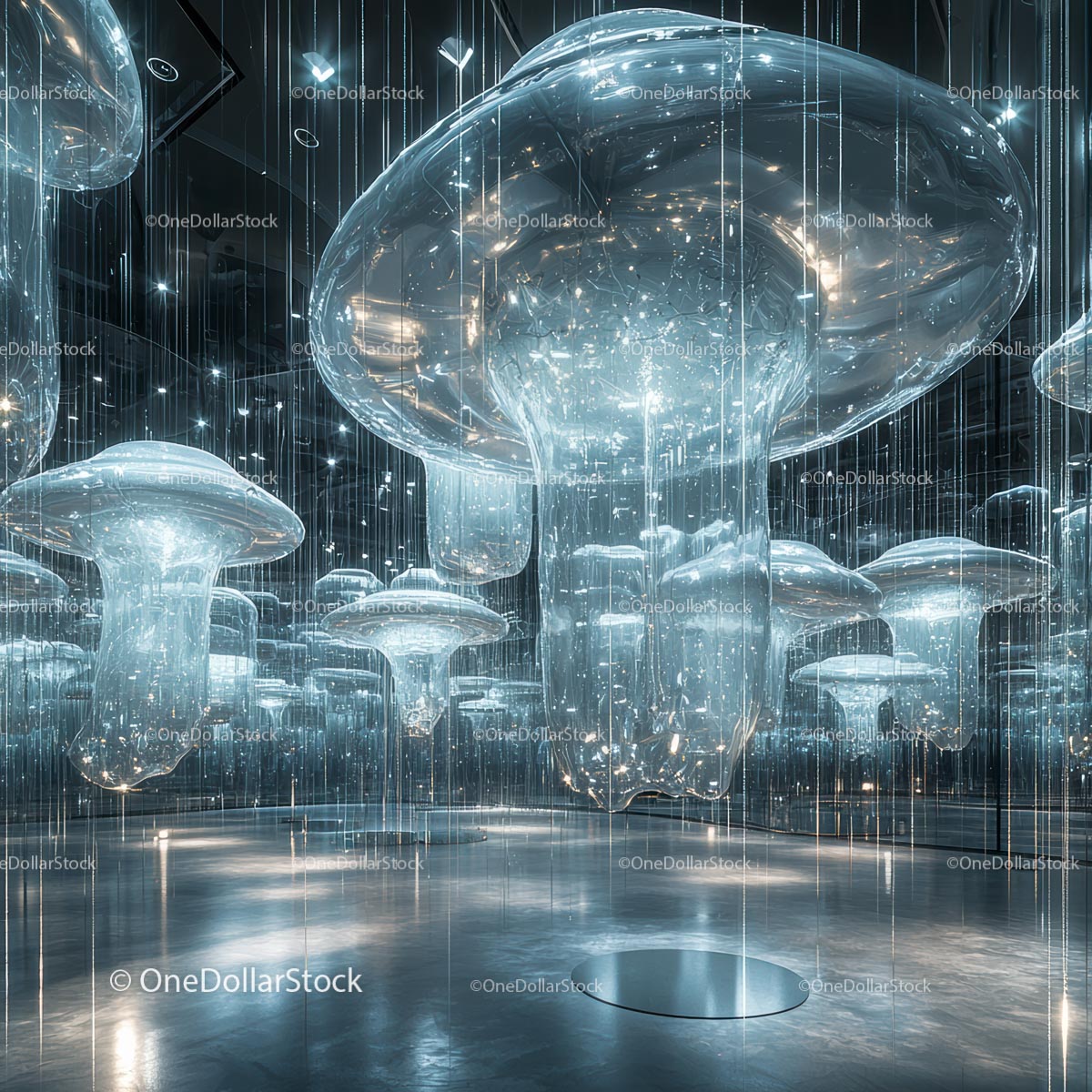 Futurystyczne szklane rzeźby w surrealistycznej instalacji świetlnej