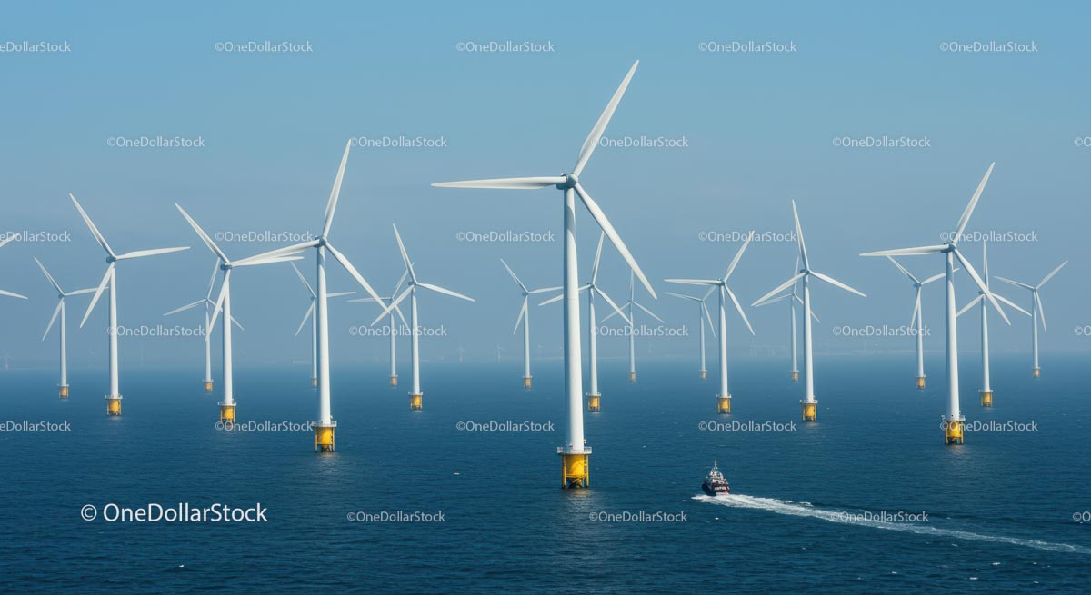 Offshore Wind Farm with Turbines on Blue Ocean Horizon