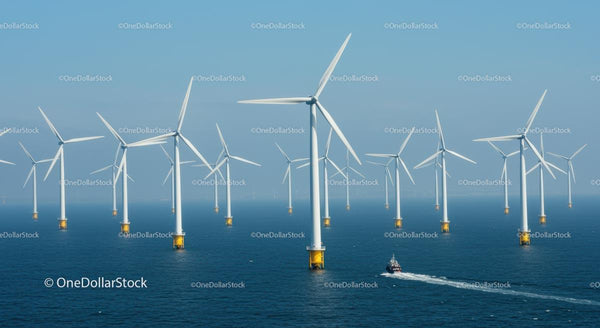 Morska Farma Wiatrowa z Turbinami na Niebieskim Oceanicznym Horyzoncie